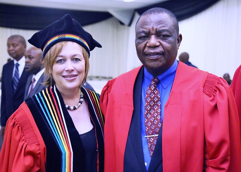 DVC Prof Cheryl Potgieter with PhD Graduate Constantino Chiwenga